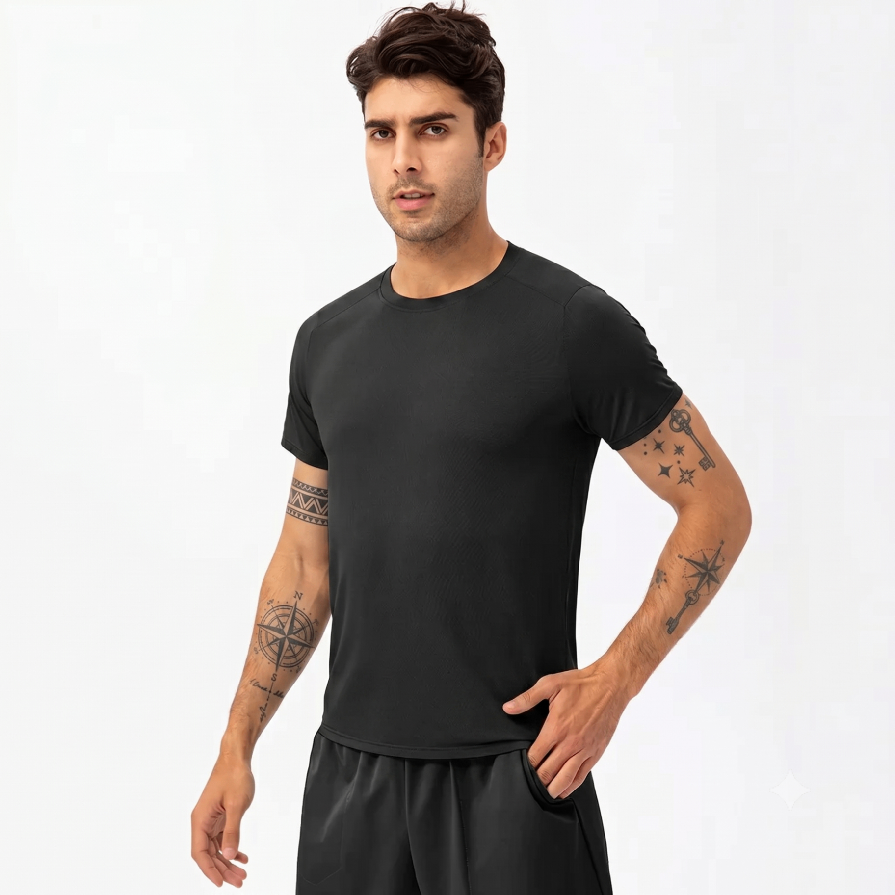 Model wearing The Fitted Tee in matte black