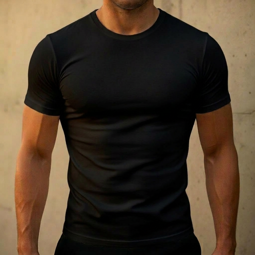Man wearing the fitted tee showing the tapered fit through the torso and sleeves